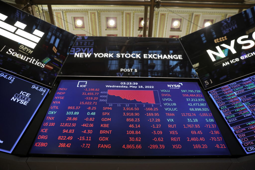 A monitor displays stock market information on the trading floor at the New York Stock Exchange (NYSE) in Manhattan, New York City, U.S., May 18, 2022. REUTERS/Andrew Kelly